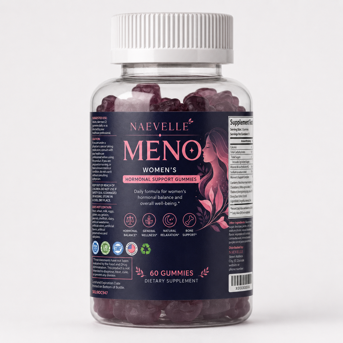Naevelle MENO menopause support gummies bottle, 60 vegan gummies, 30-day supply