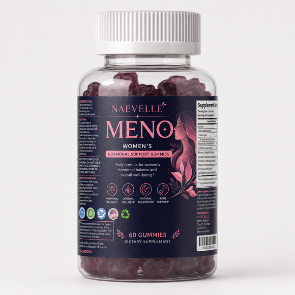 Naevelle MENO menopause support gummies bottle, 60 vegan gummies, 30-day supply