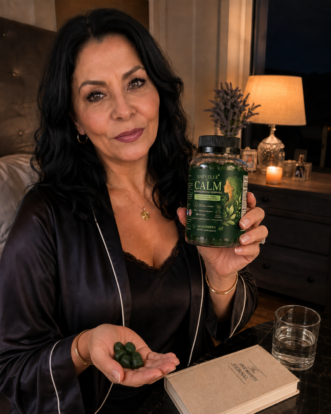 Woman relaxing with Naevelle CALM ashwagandha calm gummies
