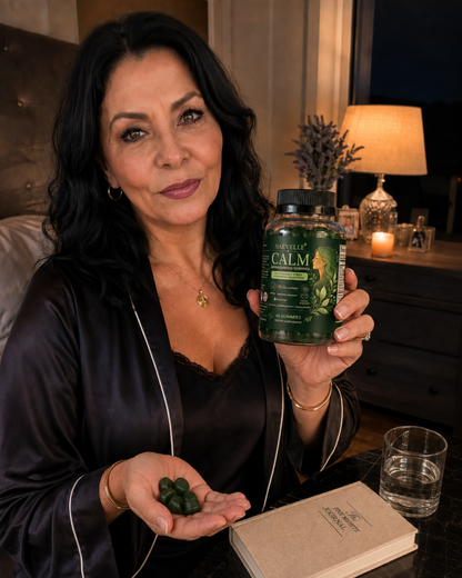 Woman relaxing with Naevelle CALM ashwagandha calm gummies