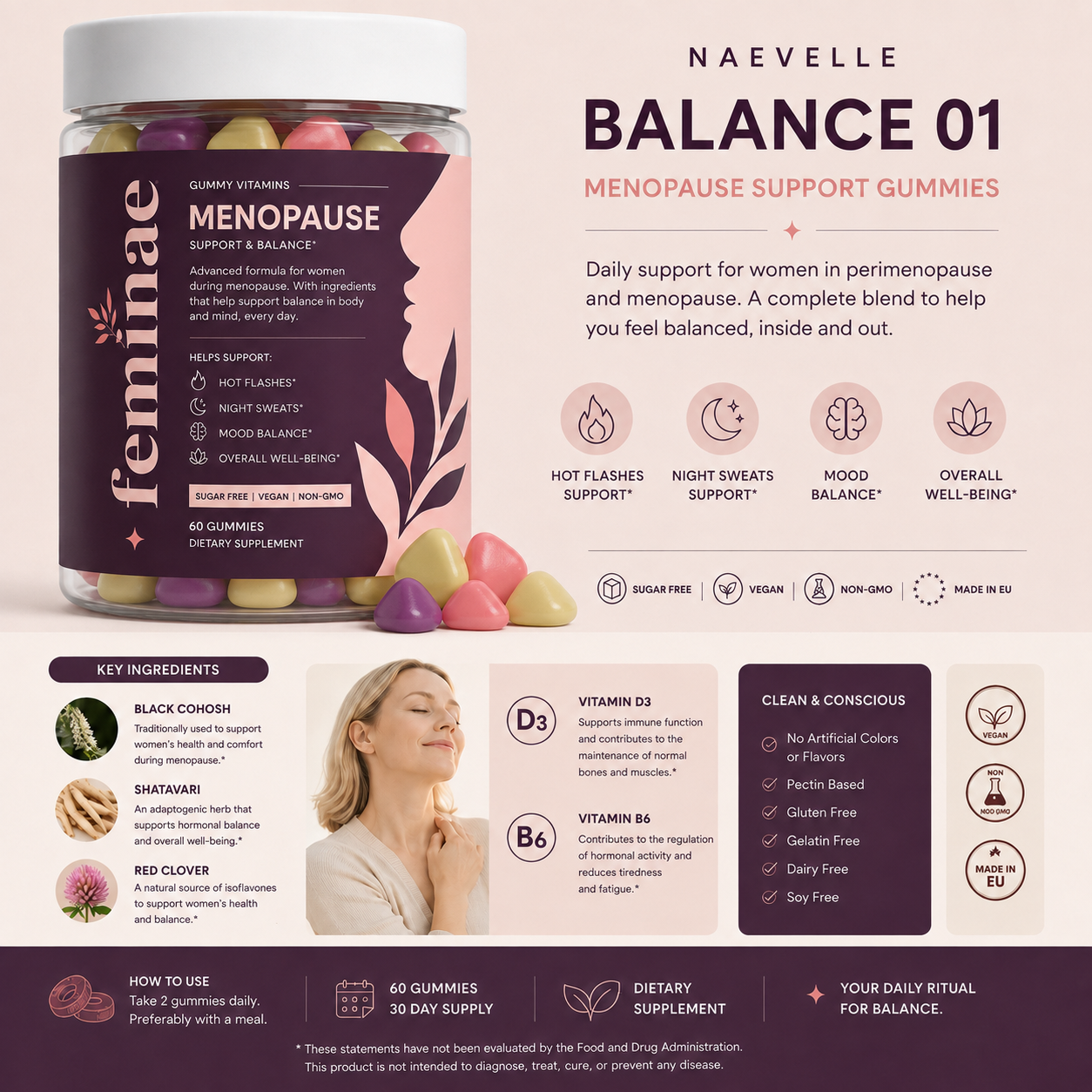 Ingredientes de las gominolas para la menopausia BALANCE 01: Cimicífuga, Shatavari, Trébol Rojo, Vitamina D3